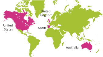 green illustration of world map with pink highlights